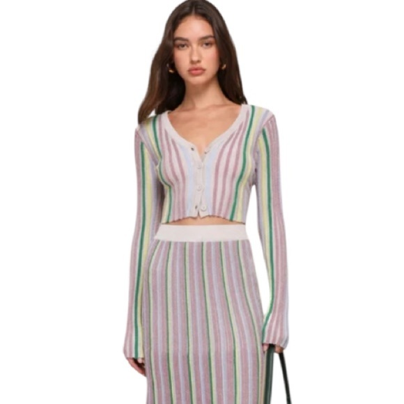 Lulus NWT Eye-Catching Trend Taupe Multi Striped Ribbed Cardigan Top - Picture 1 of 14